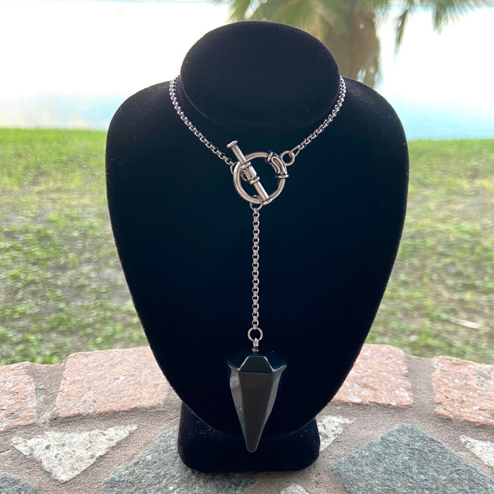 Onyx pendulum necklace . Stainless steel lariat Y shape onyx charm boho choker - Picture 12 of 13